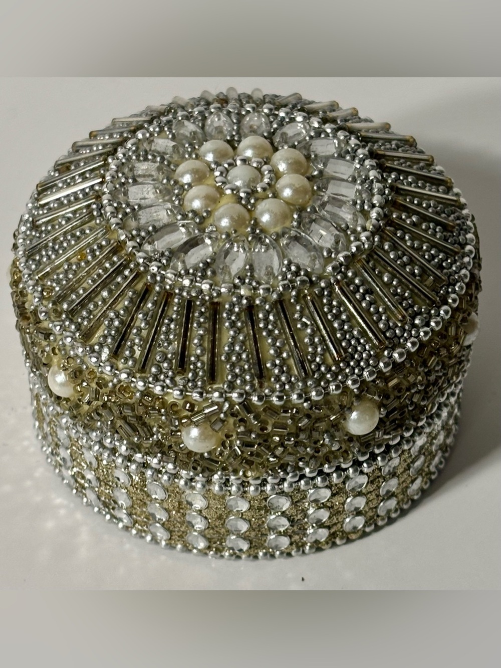 Vintage Beaded Trinket Box Jeweled Rhinestone Pearl Ring Dish Boho